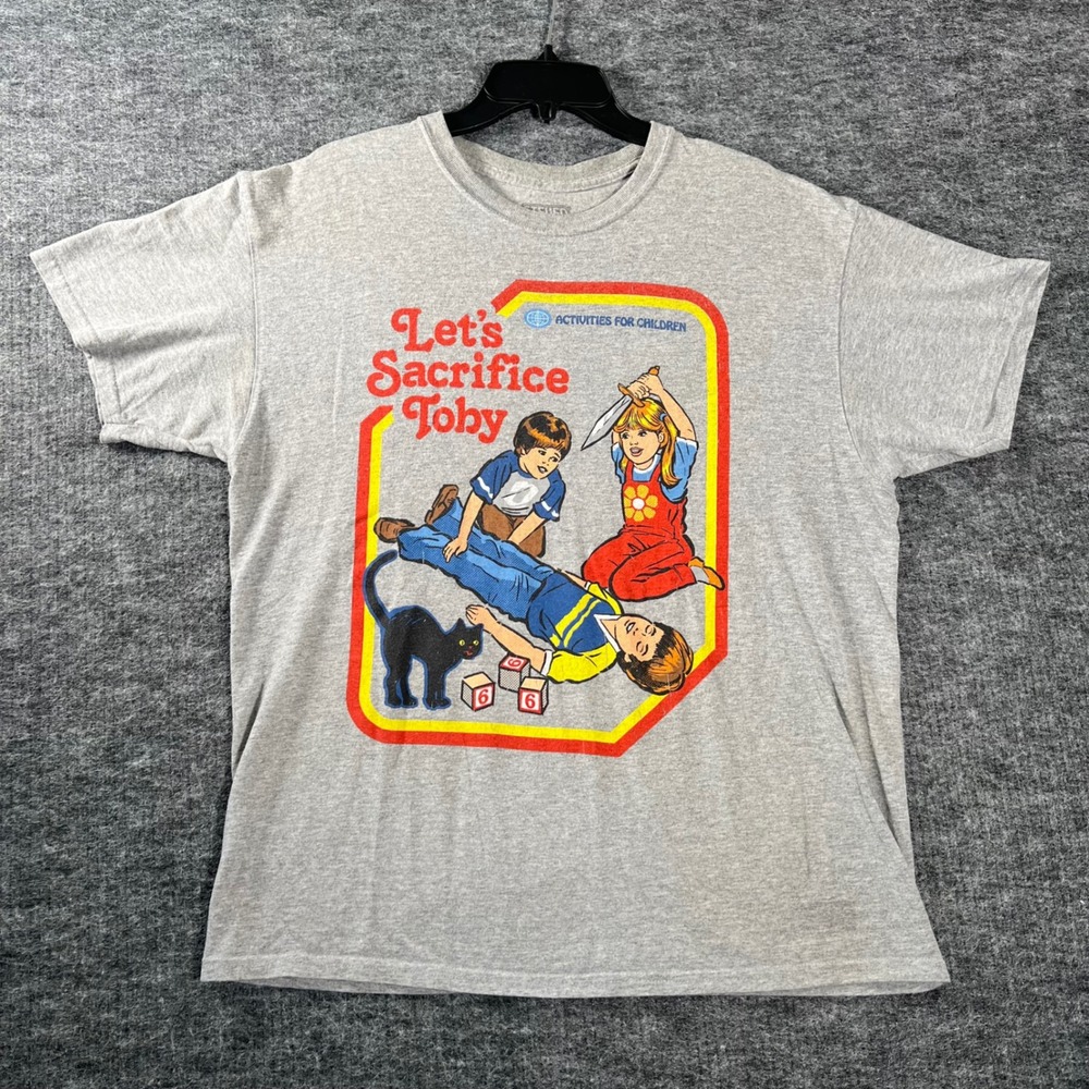 Steven Rhodes Lets Sacrifice Toby Graphic Tee Mens Large Gray Dark Humor T-Shirt